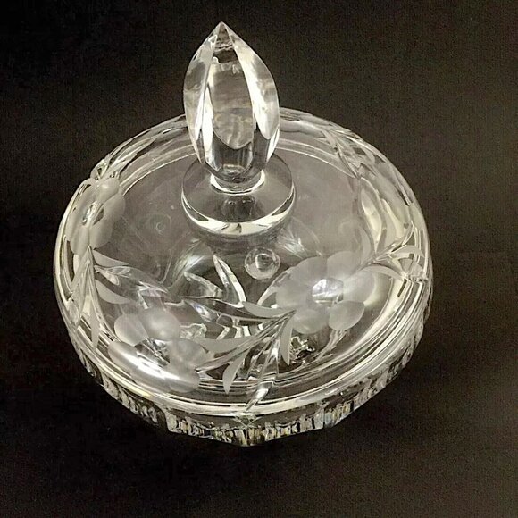 Czech Hand Cut Crystal Lidded Candy Dish Pedestal Bowl Etched Glass Lid VTG 60's - Picture 10 of 12